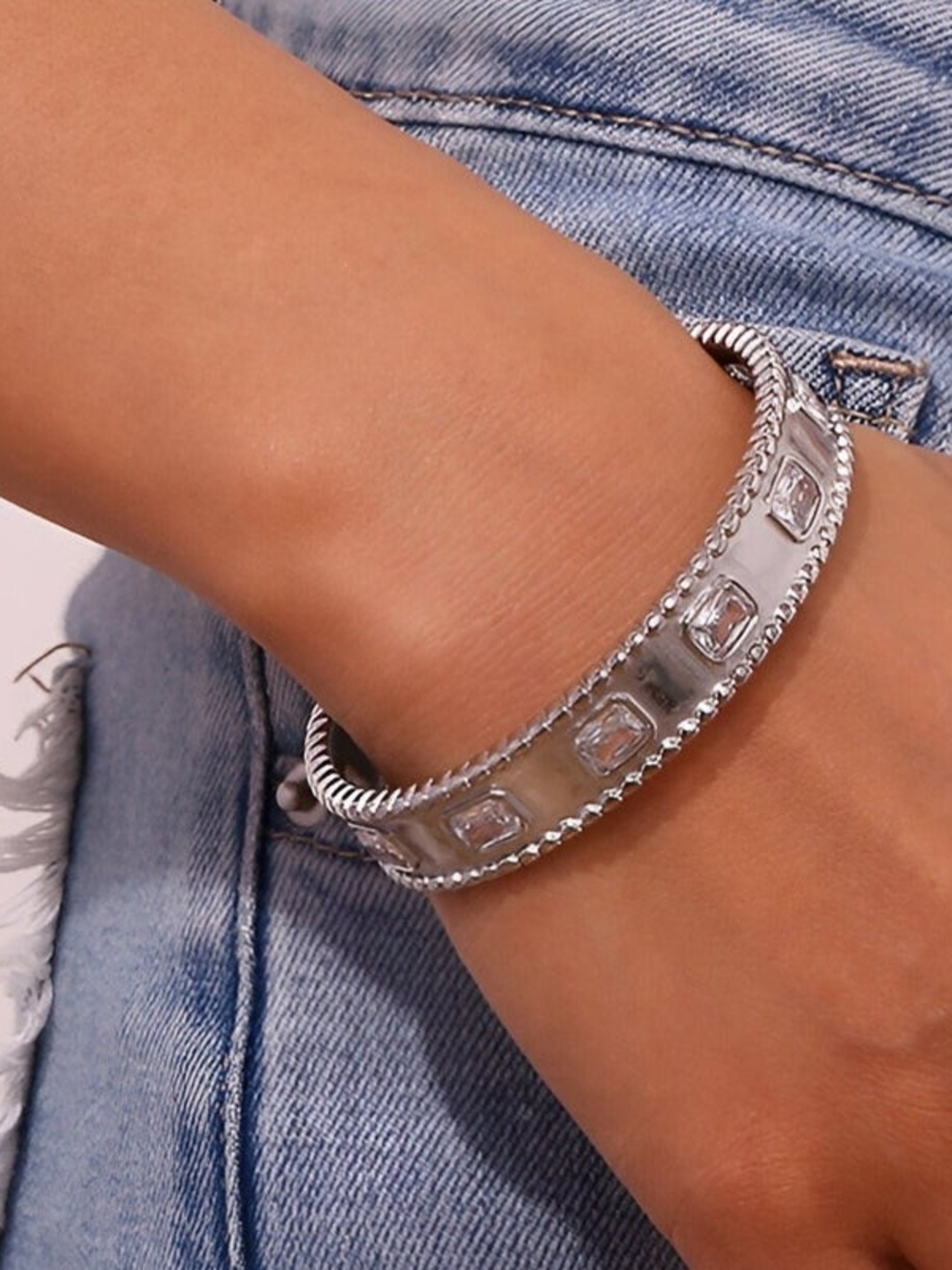 Silver Crystal-Detail Bangle Bracelet